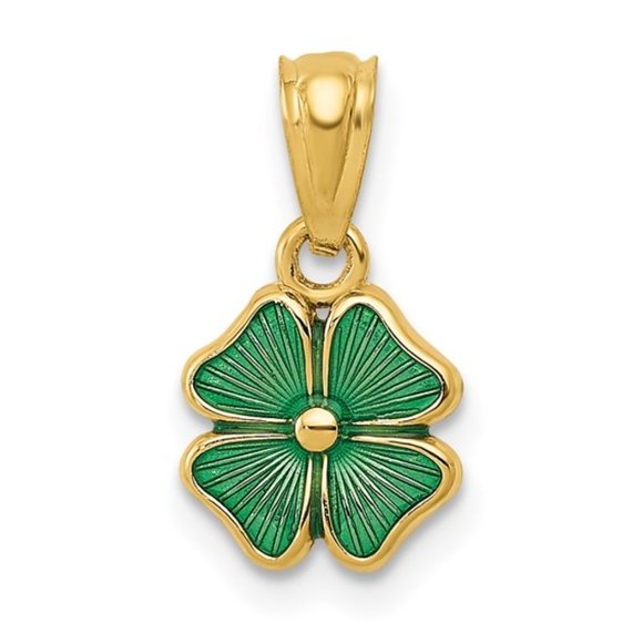 14k Yellow Gold Mini Green 4 Leaf Irish Clover Shamrock Lucky Charm Pendant